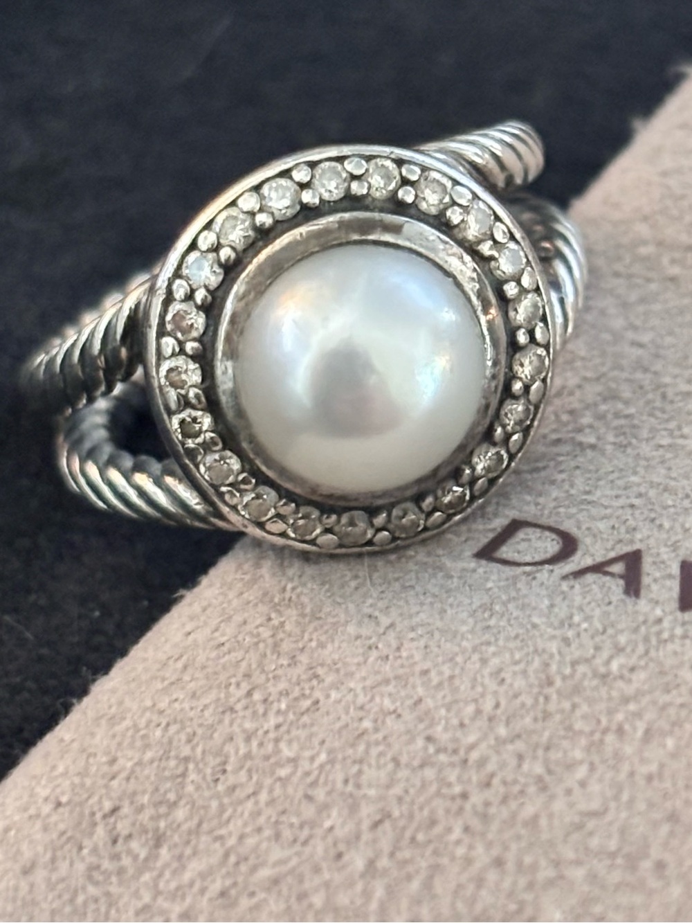 David Yurman Silver Cable Ring - Pearl and Diamond Halo - Albion collection - Picture 8 of 11